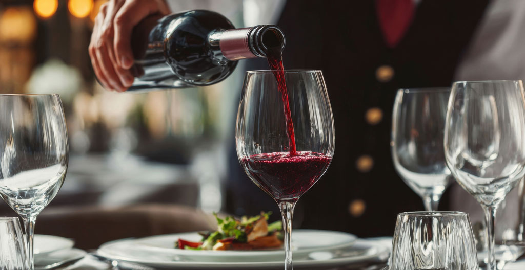 Préparation d'un verre à vin par rinçage à l'eau fraîche avant dégustation