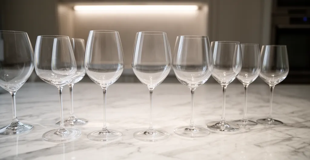 Collection de verres à vin montrant les différences d'épaisseur entre cristallin fin et verre standard