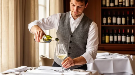 Sommelier versant un vin blanc dans un verre cristallin lors d'une dégustation