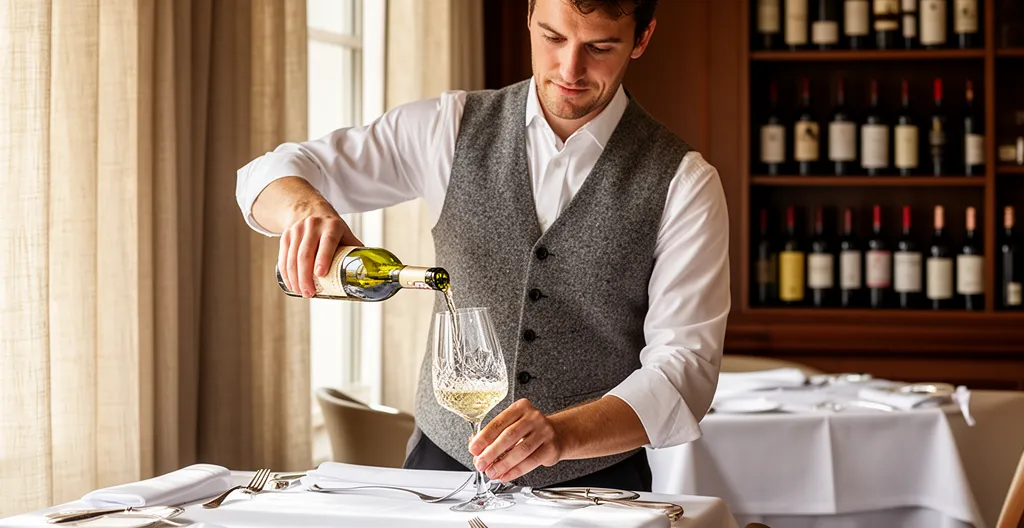 Sommelier versant un vin blanc dans un verre cristallin lors d'une dégustation