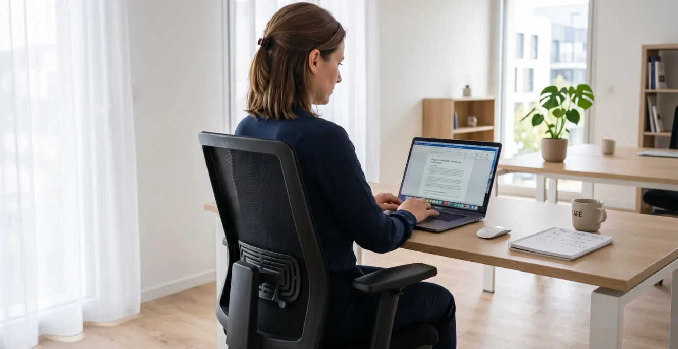 Femme de 35-40 ans assise sur un siège ergonomique noir à dossier maille et soutien lombaire visible, travaillant sur ordinateur portable dans un bureau contemporain lumineux avec fenêtre, posture droite naturelle, vue de trois-quarts