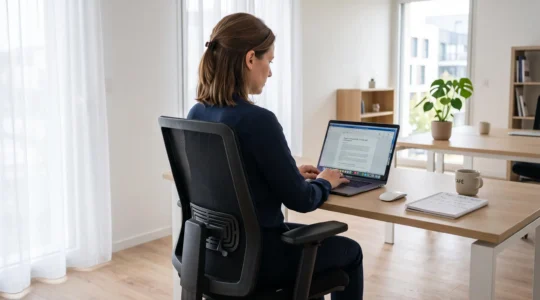 Femme de 35-40 ans assise sur un siège ergonomique noir à dossier maille et soutien lombaire visible, travaillant sur ordinateur portable dans un bureau contemporain lumineux avec fenêtre, posture droite naturelle, vue de trois-quarts