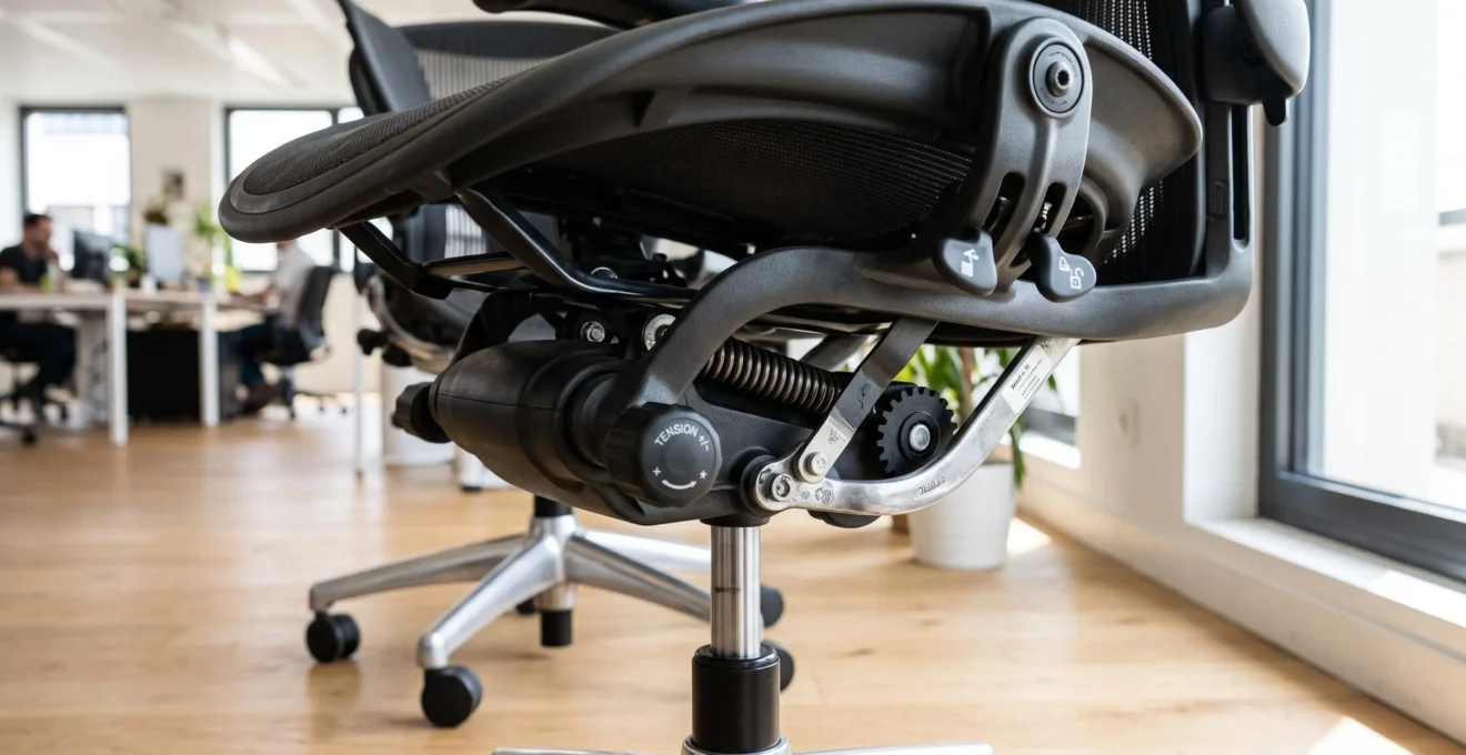 Gros plan sur le mécanisme synchrone métallique chromé et noir situé sous l'assise d'un siège de bureau ergonomique, avec leviers de réglage en plastique noir visibles