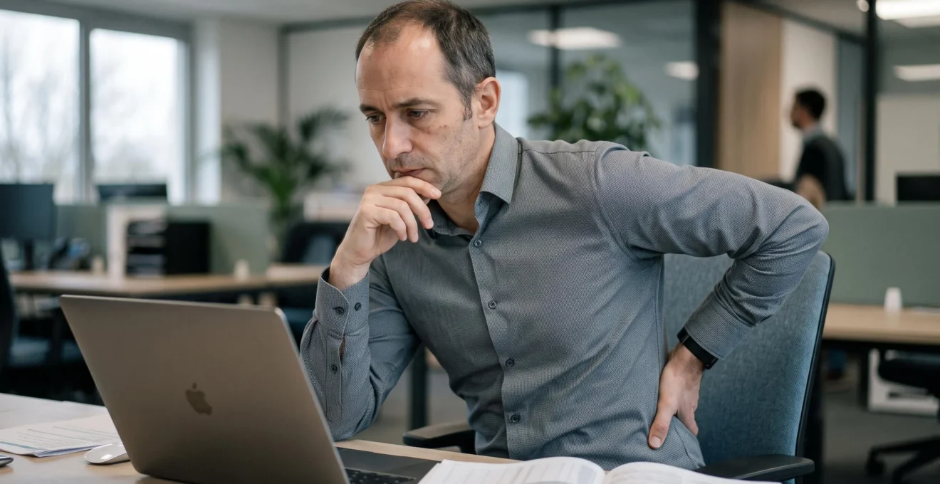 Homme de 40-45 ans assis sur siège de bureau standard, main droite touchant sa zone lombaire basse avec expression de gêne, légère posture affaissée devant ordinateur portable