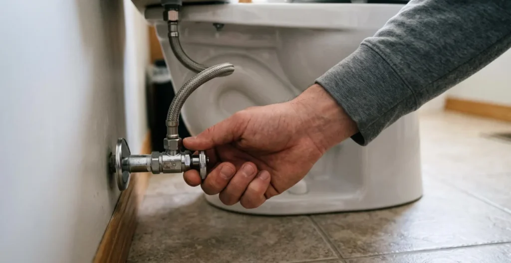 Main fermant le robinet d'arrêt chromé situé à la base d'une toilette Main fermant le robinet d'arrêt chromé situé à la base d'une toilette