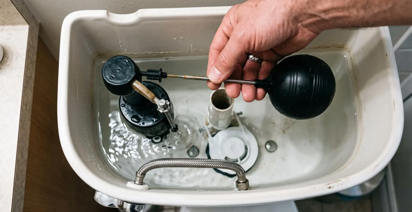 Main soulevant le flotteur dans le réservoir d'une toilette pour stopper l'arrivée d'eau
