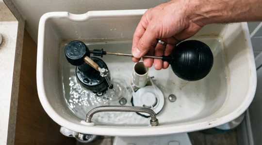 Main soulevant le flotteur dans le réservoir d'une toilette pour stopper l'arrivée d'eau