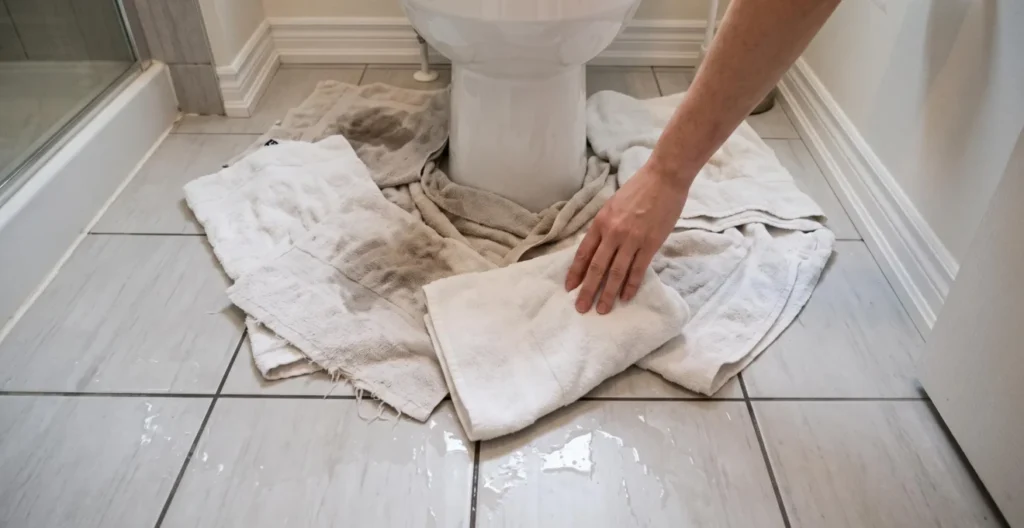 Serviettes absorbantes disposées autour de la base d'une toilette pour contenir l'eau au sol Serviettes absorbantes disposées autour de la base d'une toilette pour contenir l'eau au sol