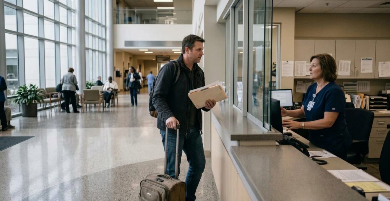 Un voyageur avec sa valise échange avec une réceptionniste dans le hall d'un hôpital américain
