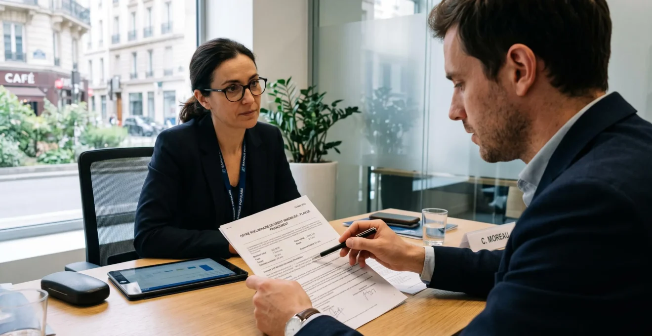 Un futur acquéreur négocie les conditions de son crédit immobilier avec un conseiller bancaire dans une agence.