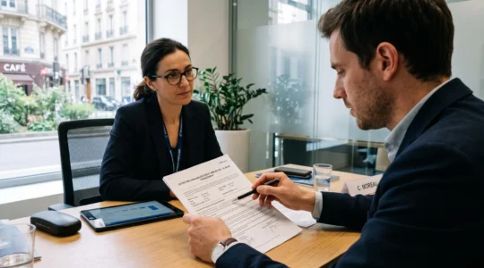 Un futur acquéreur négocie les conditions de son crédit immobilier avec un conseiller bancaire dans une agence.