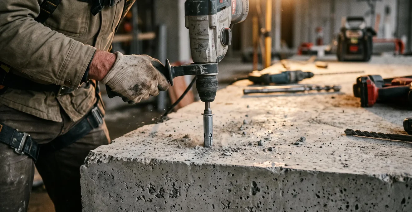 Perçage et scellement d'une cheville d'ancrage dans une dalle de béton armé.