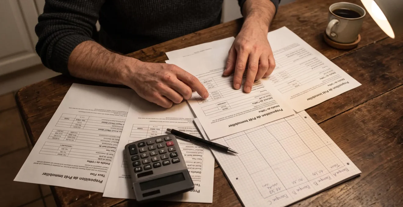 Des mains comparent plusieurs offres de prêt immobilier avec une calculatrice et un tableau comparatif manuscrit.