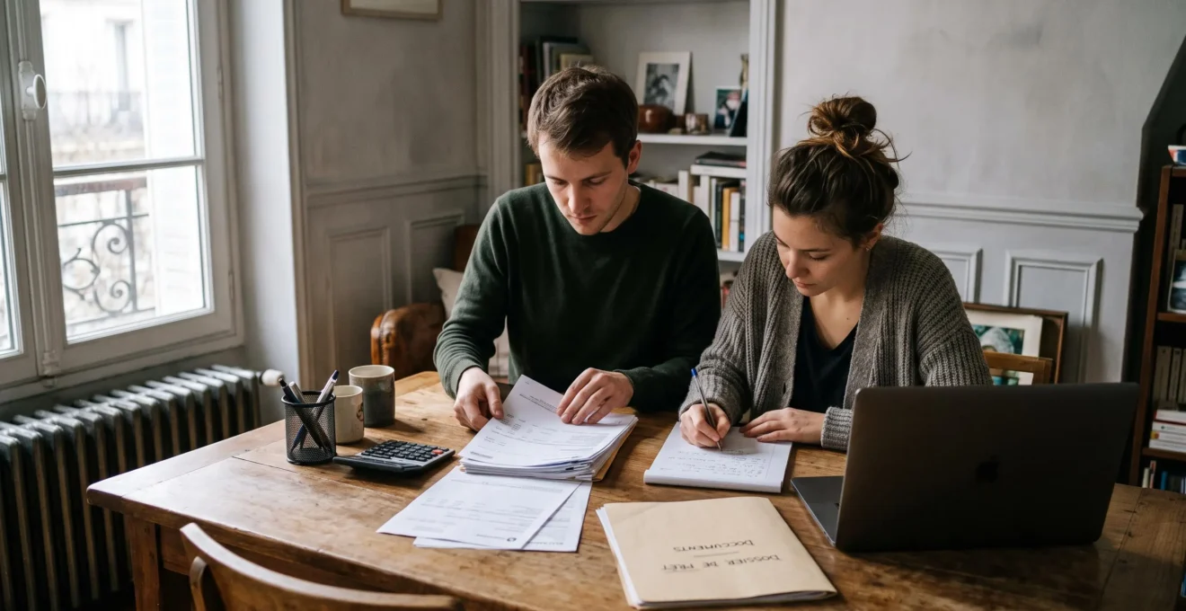 Un couple prépare chez lui un dossier de prêt immobilier avec des bulletins de salaire et des relevés bancaires.