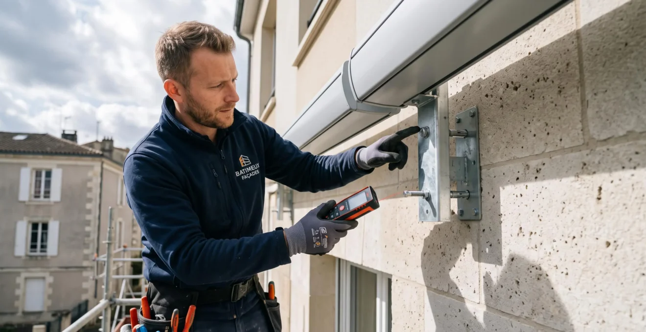 Installateur vérifiant le système d'ancrage d'un store banne coffre sur une façade.