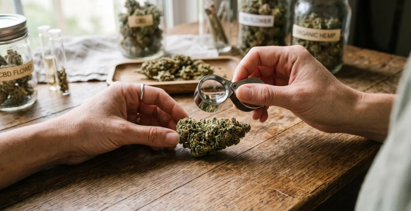 Des mains observent une fleur de CBD à la loupe sur une table en bois.