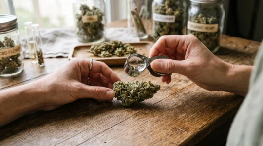 Des mains observent une fleur de CBD à la loupe sur une table en bois.