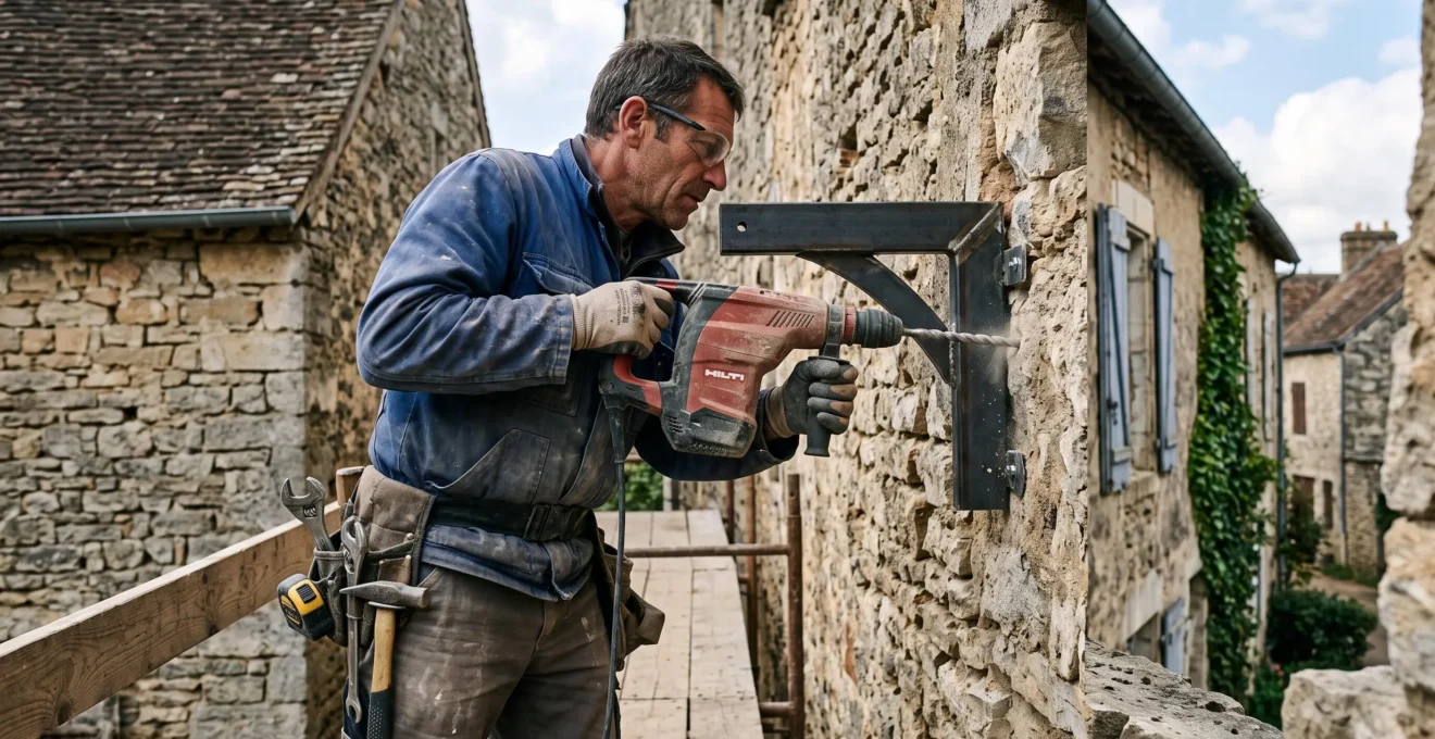 Pose d'un support de store banne sur une façade maçonnée avec un outil de perçage.