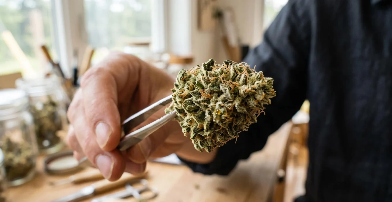 Gros plan sur les trichomes d'une fleur de CBD tenue par une pince.