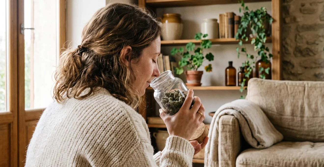 Une personne sent l'arôme d'un pot de fleurs de CBD dans son salon.