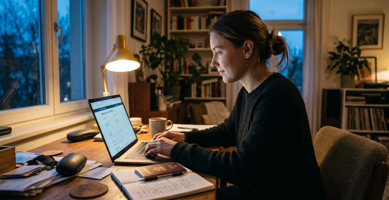 Une femme souscrit à une assurance voyage sur son ordinateur portable chez elle